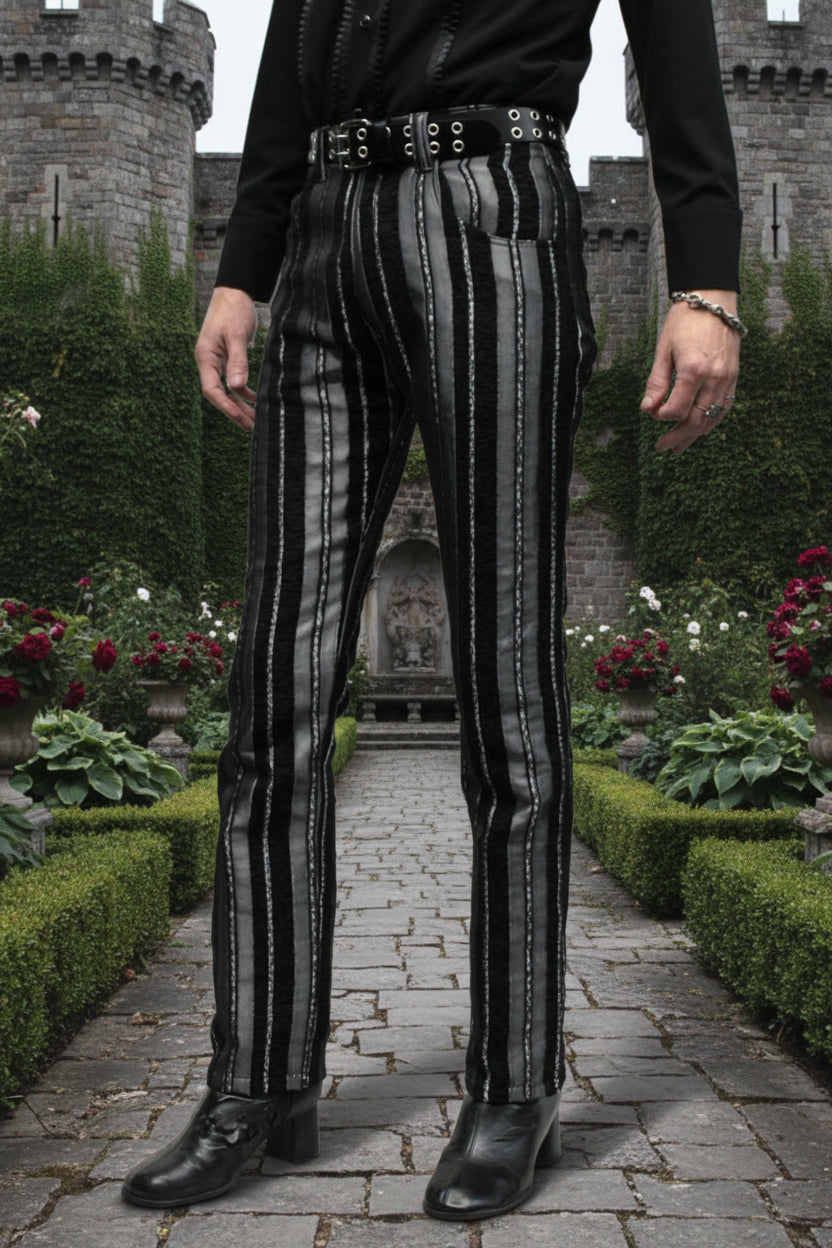VICTORIAN CARNY PANTS - SILVER/BLACK STRIPE Shrine of Hollywood pants Pants