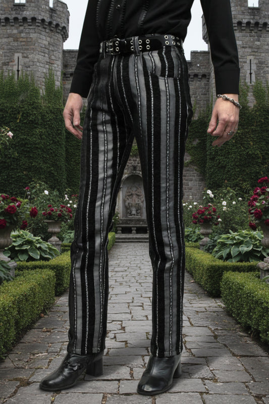 VICTORIAN CARNY PANTS - SILVER/BLACK STRIPE Shrine of Hollywood pants Pants