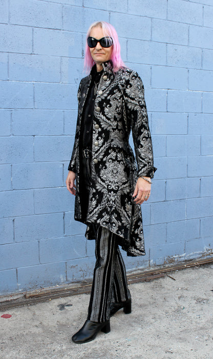 ORDER OF THE DRAGON COAT - SILVER/BLACK TAPESTRY Shrine of Hollywood coat best seller formal goth gothic jacket long sleeve Men's Coats metallic silver vampire