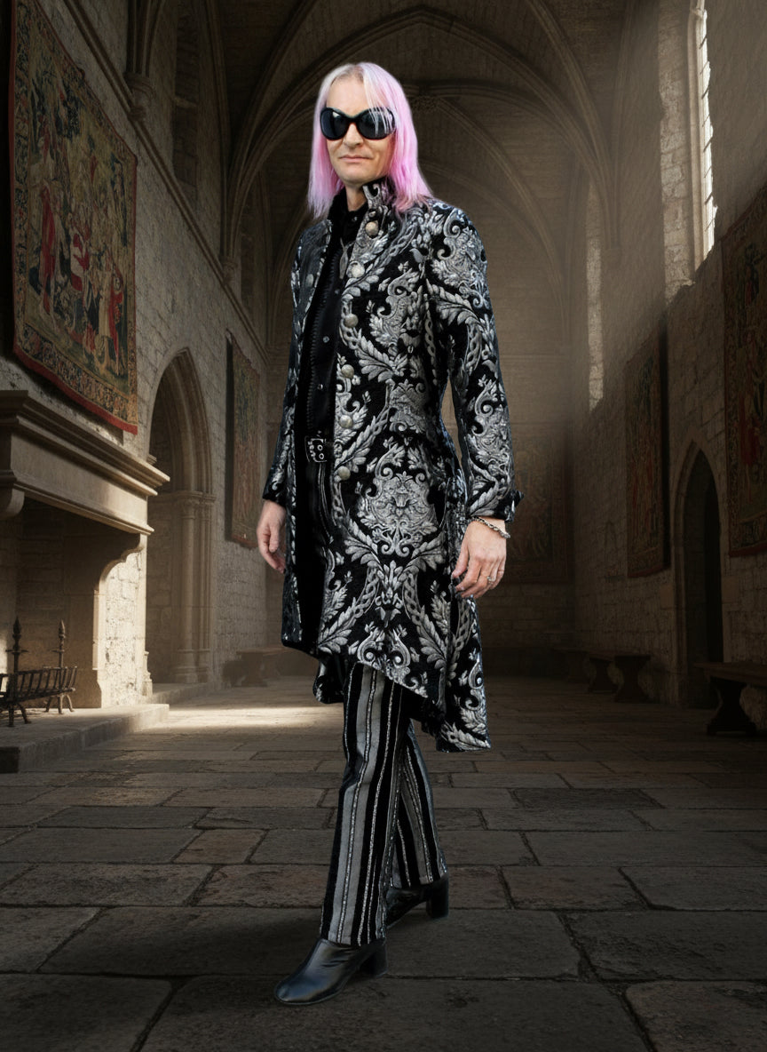 ORDER OF THE DRAGON COAT - SILVER/BLACK TAPESTRY Shrine of Hollywood coat best seller formal goth gothic jacket long sleeve Men's Coats metallic silver vampire