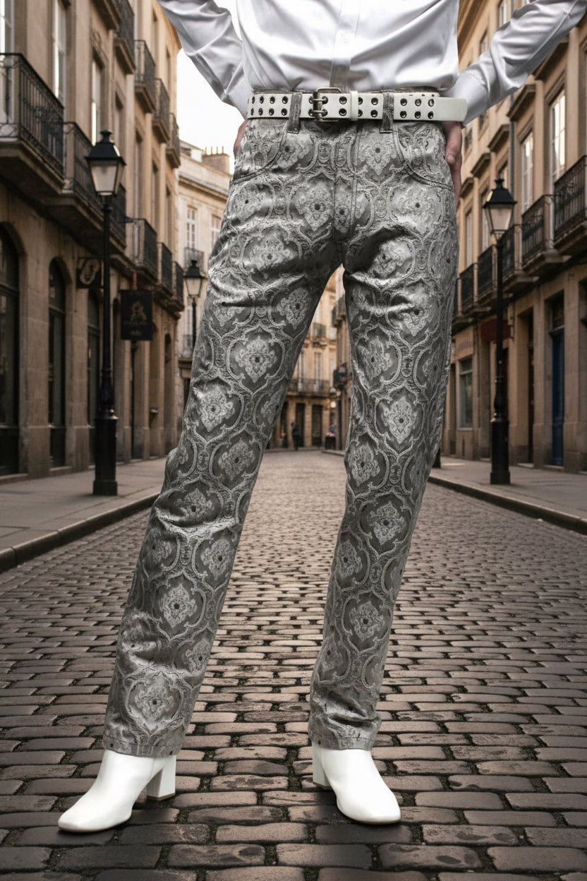 ROCKER PANTS - EDWARDIAN BROCADE - SILVER Shrine of Hollywood pants Pants