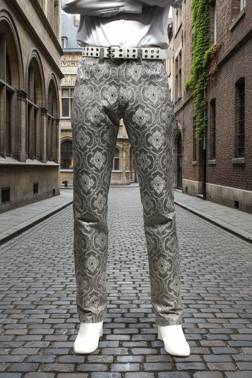 ROCKER PANTS - EDWARDIAN BROCADE - SILVER Shrine of Hollywood pants Pants