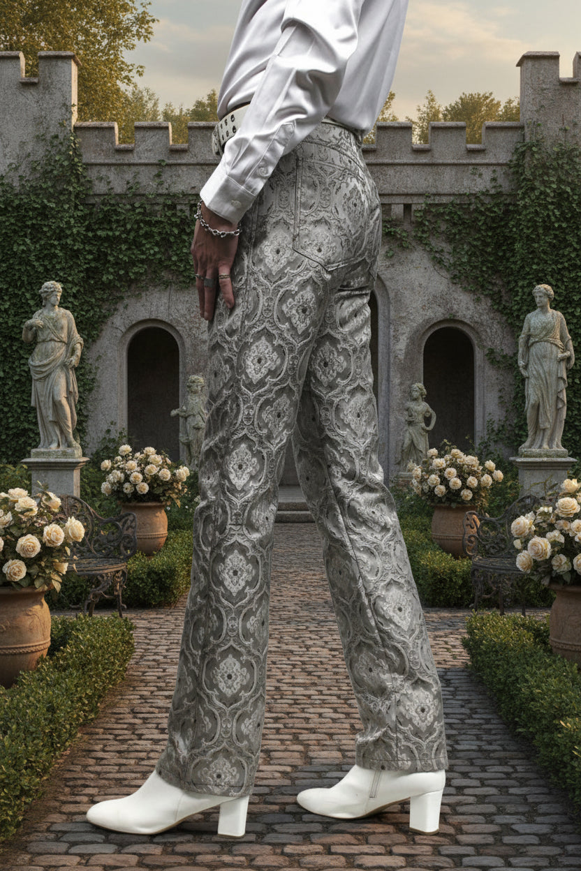 ROCKER PANTS - EDWARDIAN BROCADE - SILVER Shrine of Hollywood pants Pants
