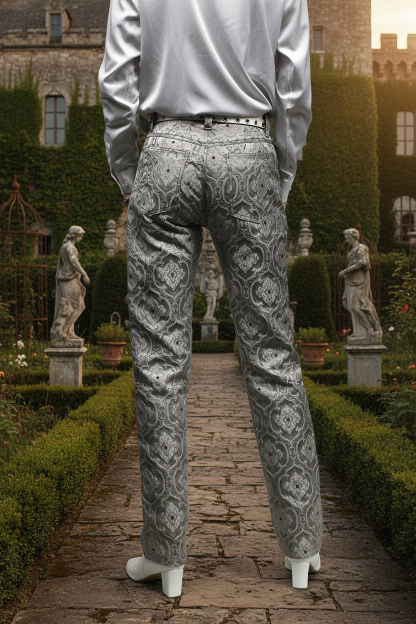 ROCKER PANTS - EDWARDIAN BROCADE - SILVER Shrine of Hollywood pants Pants