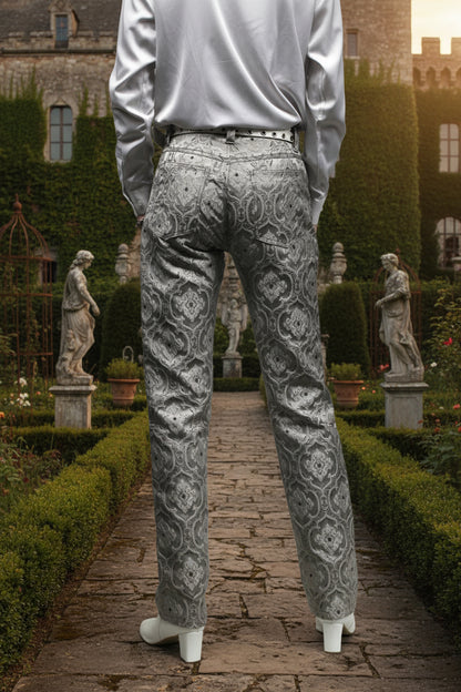 ROCKER PANTS - EDWARDIAN BROCADE - SILVER Shrine of Hollywood pants Pants