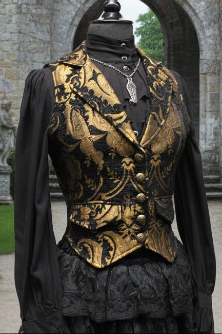MARQUESA VEST - GOLD/BLACK TAPESTRY Shrine of Hollywood vest Belly dancer vest bellydancer vest cabaret Corset top fortune teller vest Pirate vest victorian vest Women's corset tops