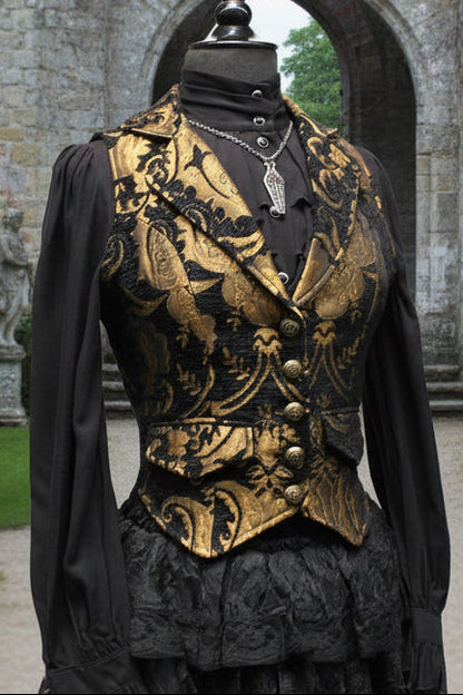 MARQUESA VEST - GOLD/BLACK TAPESTRY Shrine of Hollywood vest Belly dancer vest bellydancer vest cabaret Corset top fortune teller vest Pirate vest victorian vest Women's corset tops