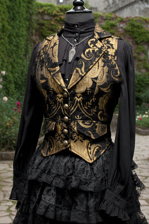 MARQUESA VEST - GOLD/BLACK TAPESTRY Shrine of Hollywood vest Belly dancer vest bellydancer vest cabaret Corset top fortune teller vest Pirate vest victorian vest Women's corset tops
