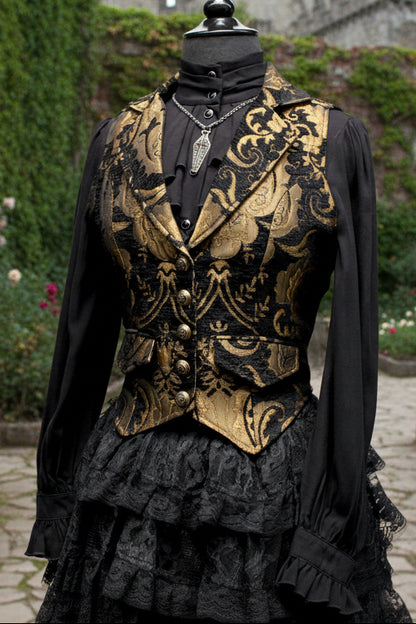 MARQUESA VEST - GOLD/BLACK TAPESTRY Shrine of Hollywood vest Belly dancer vest bellydancer vest cabaret Corset top fortune teller vest Pirate vest victorian vest Women's corset tops