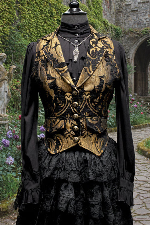 MARQUESA VEST - GOLD/BLACK TAPESTRY Shrine of Hollywood vest Belly dancer vest bellydancer vest cabaret Corset top fortune teller vest Pirate vest victorian vest Women's corset tops