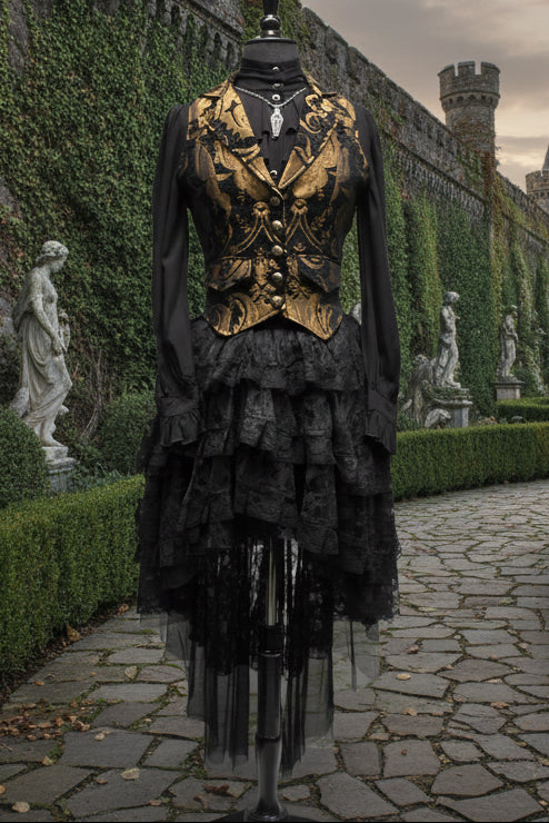 MARQUESA VEST - GOLD/BLACK TAPESTRY Shrine of Hollywood vest Belly dancer vest bellydancer vest cabaret Corset top fortune teller vest Pirate vest victorian vest Women's corset tops