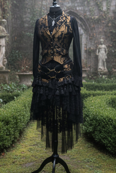 MARQUESA VEST - GOLD/BLACK TAPESTRY Shrine of Hollywood vest Belly dancer vest bellydancer vest cabaret Corset top fortune teller vest Pirate vest victorian vest Women's corset tops
