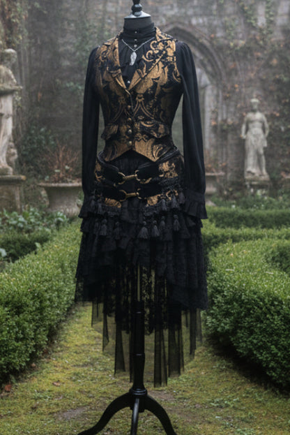 MARQUESA VEST - GOLD/BLACK TAPESTRY Shrine of Hollywood vest Belly dancer vest bellydancer vest cabaret Corset top fortune teller vest Pirate vest victorian vest Women's corset tops