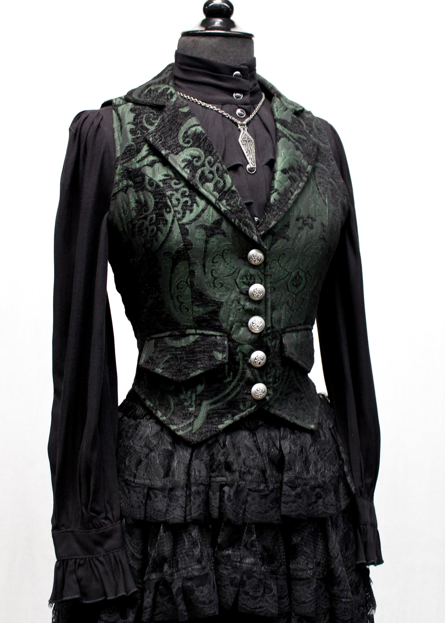 MARQUESA VEST - GREEN/BLACK TAPESTRY Shrine of Hollywood vest Women's corset tops Women's vests
