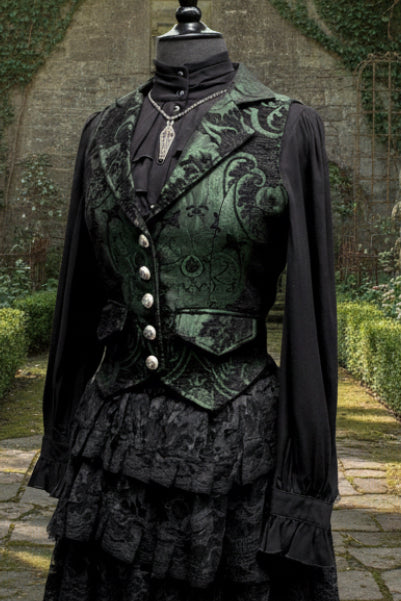 MARQUESA VEST - GREEN/BLACK TAPESTRY Shrine of Hollywood vest Women's corset tops Women's vests