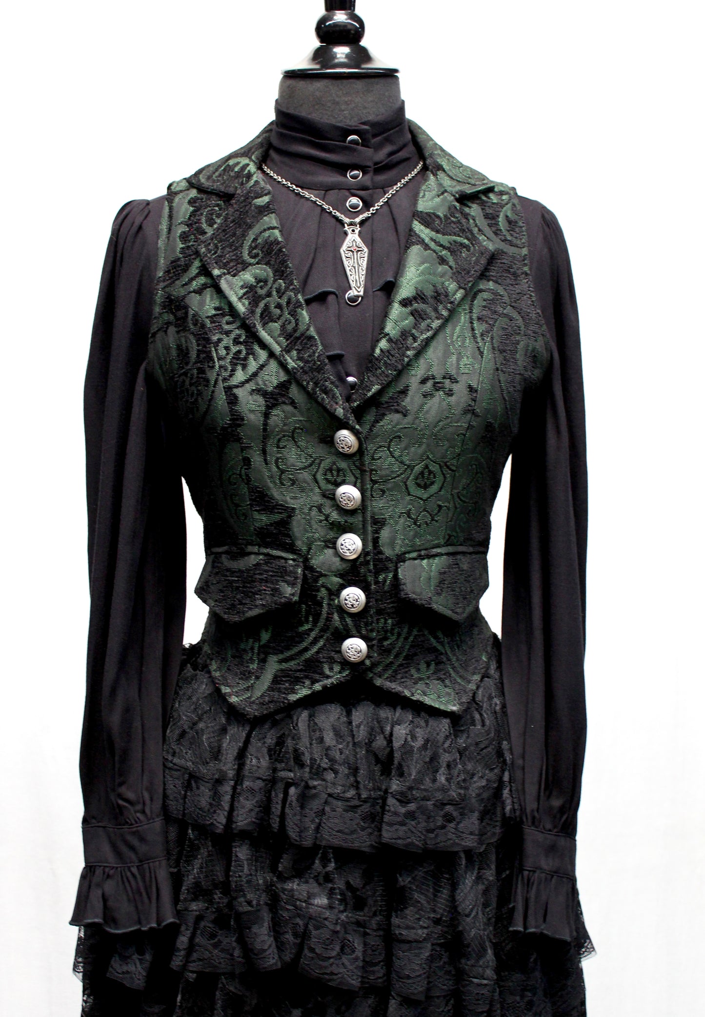 MARQUESA VEST - GREEN/BLACK TAPESTRY Shrine of Hollywood vest Women's corset tops Women's vests