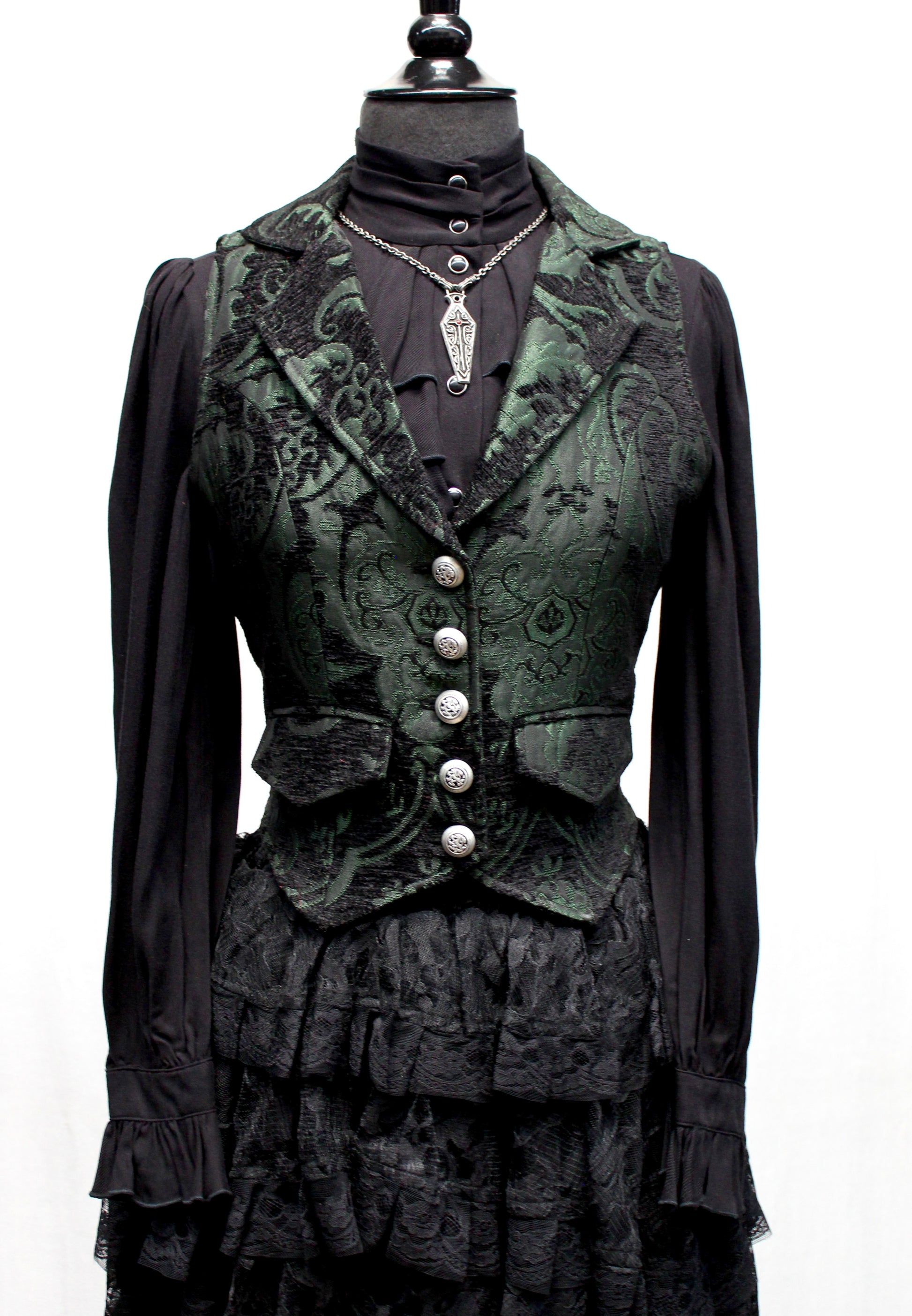 MARQUESA VEST - GREEN/BLACK TAPESTRY Shrine of Hollywood vest Women's corset tops Women's vests