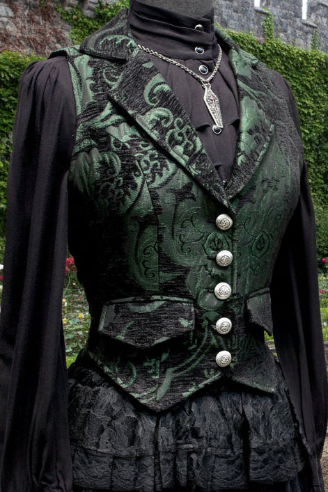 MARQUESA VEST - GREEN/BLACK TAPESTRY Shrine of Hollywood vest Women's corset tops Women's vests