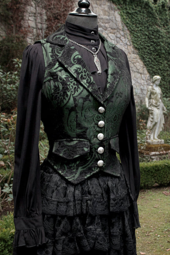MARQUESA VEST - GREEN/BLACK TAPESTRY Shrine of Hollywood vest Women's corset tops Women's vests