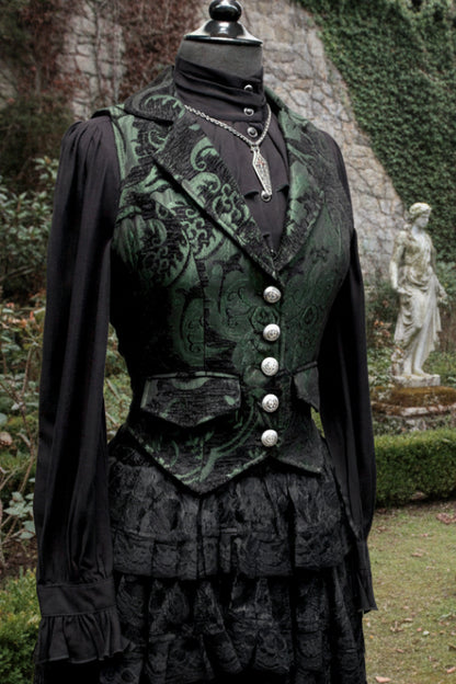 MARQUESA VEST - GREEN/BLACK TAPESTRY Shrine of Hollywood vest Women's corset tops Women's vests