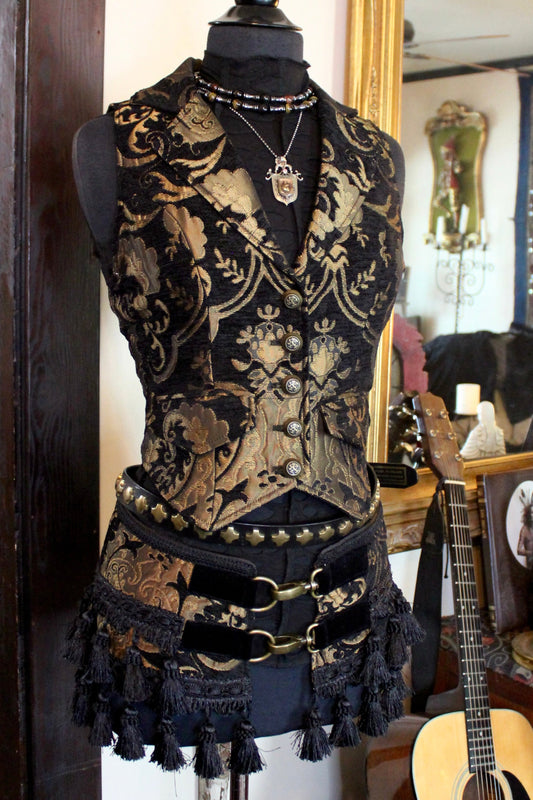 MARQUESA VEST - GOLD/BLACK TAPESTRY Shrine of Hollywood vest Belly dancer vest bellydancer vest cabaret Corset top fortune teller vest Pirate vest victorian vest Women's corset tops