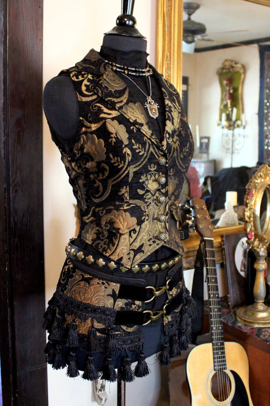 MARQUESA VEST - GOLD/BLACK TAPESTRY Shrine of Hollywood vest Belly dancer vest bellydancer vest cabaret Corset top fortune teller vest Pirate vest victorian vest Women's corset tops