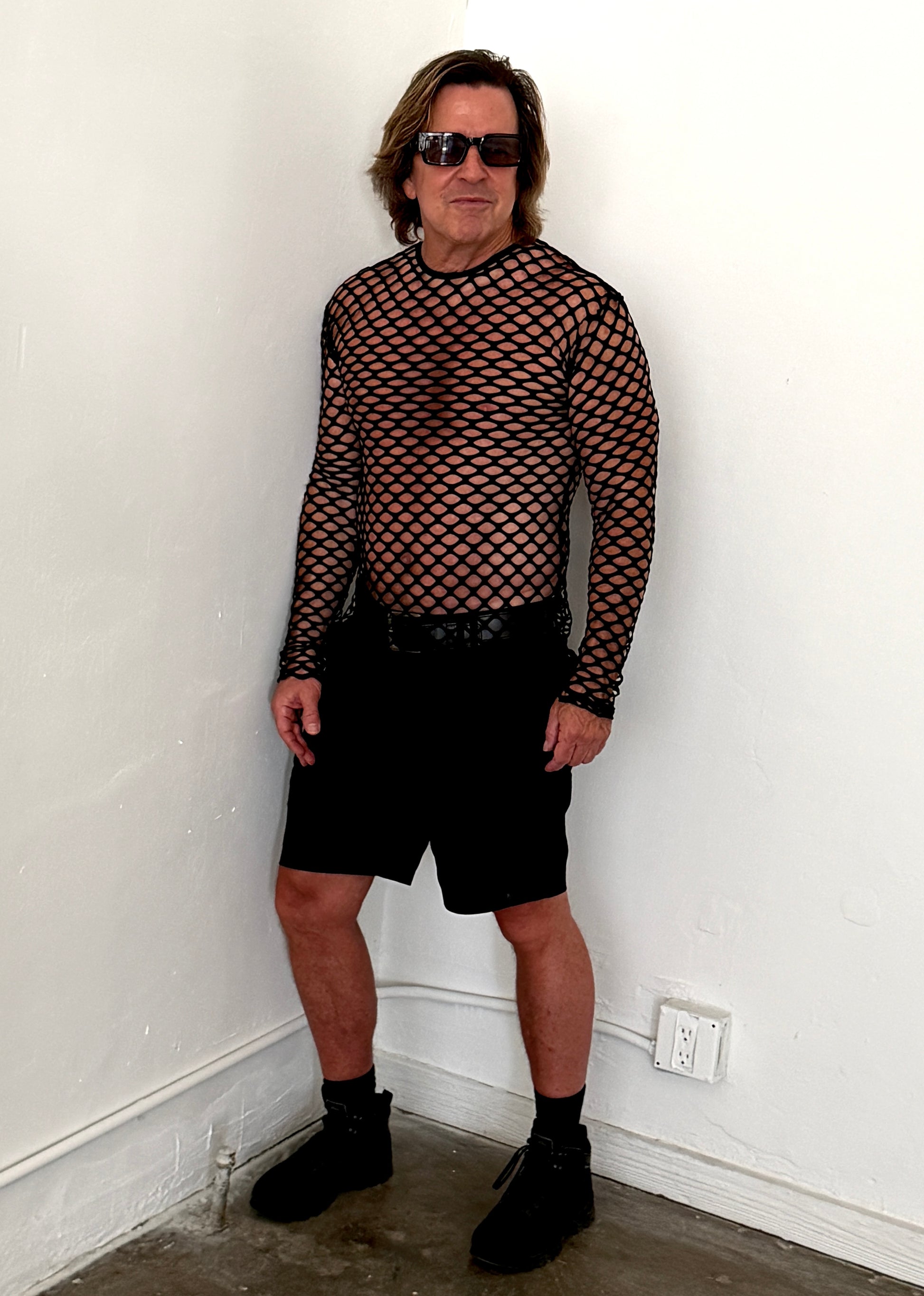 MEN'S LONG SLEEVE T-SHIRT - BIG HOLE FISHNET Shrine of Hollywood shirt black club cyber fishnet goth holes long sleeve Men's T-Shirts net new rave sale shirt steampunk wasteland