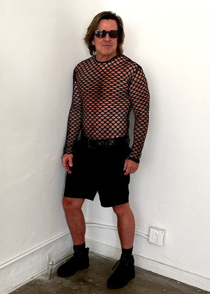 MEN'S LONG SLEEVE T-SHIRT - BIG HOLE FISHNET Shrine of Hollywood shirt black club cyber fishnet goth holes long sleeve Men's T-Shirts net new rave sale shirt steampunk wasteland