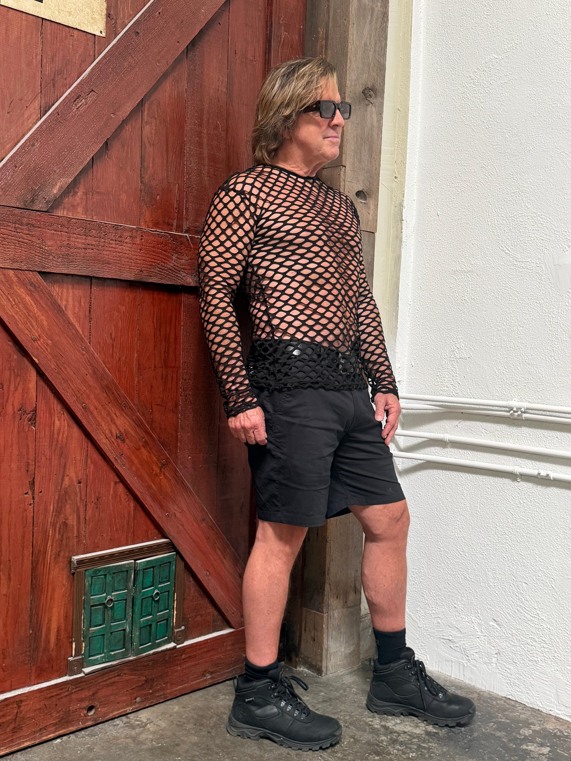 MEN'S LONG SLEEVE T-SHIRT - BIG HOLE FISHNET Shrine of Hollywood shirt black club cyber fishnet goth holes long sleeve Men's T-Shirts net new rave sale shirt steampunk wasteland