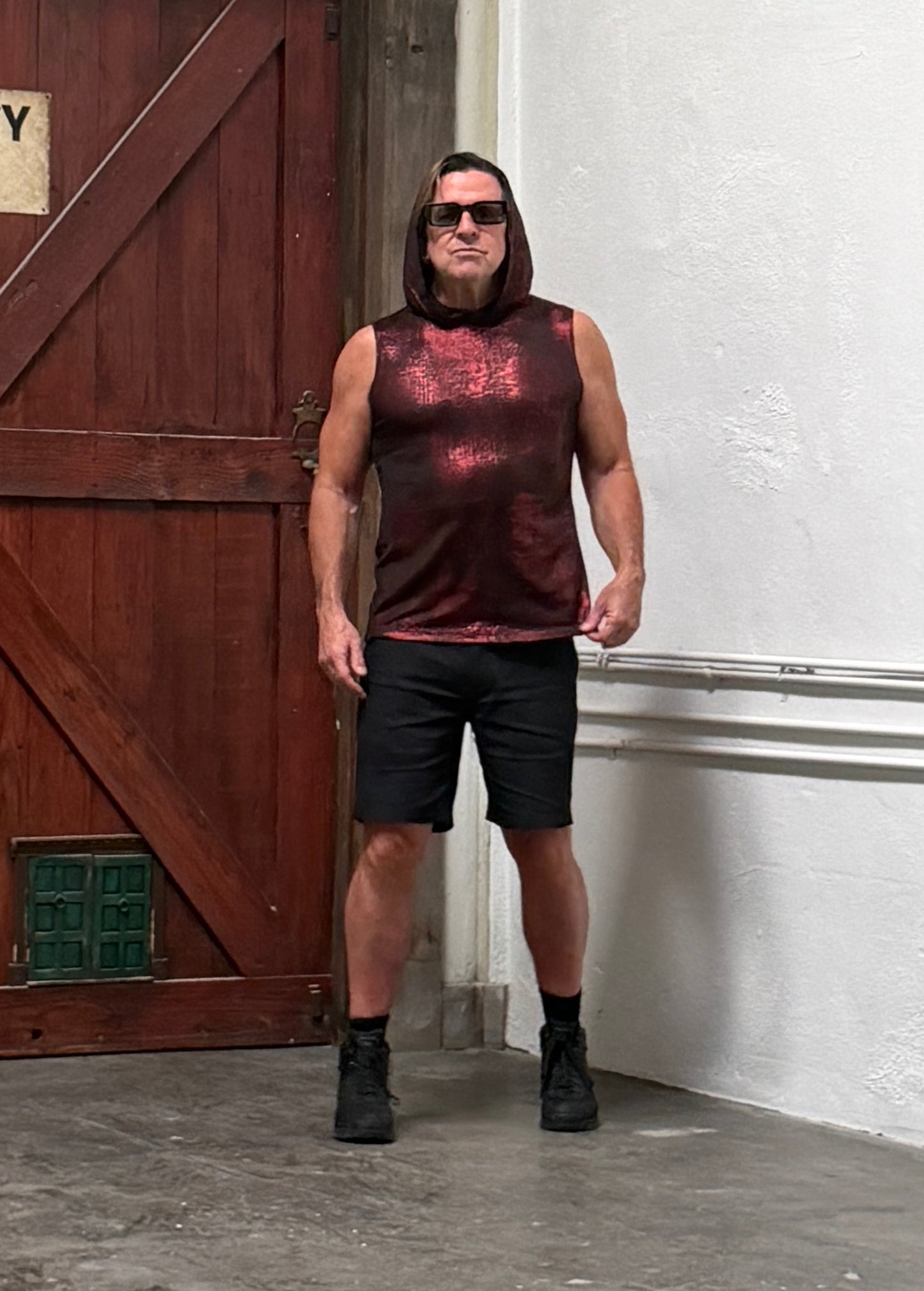 MEN'S HOODIE T - METALLIC RED Shrine of Hollywood shirt burning man cyber hoodie madmax Men's T-Shirts metallic neotropolis red sleeveless summer T-shirt
