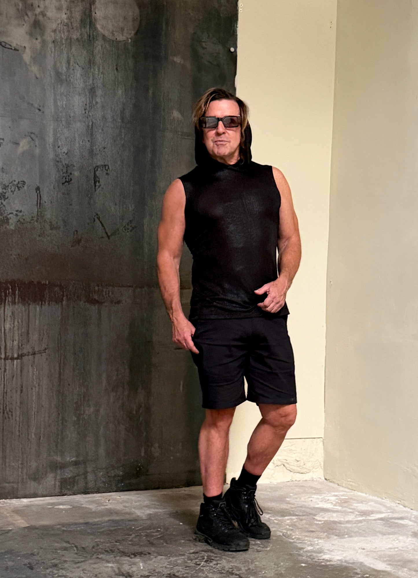 MEN'S HOODIE T - METALLIC BLACK Shrine of Hollywood shirt black burning man cyber festival future goth gothic industrial iridescent Men's T-Shirts metallic neotropolis punk shirt sleeveless underground wasteland