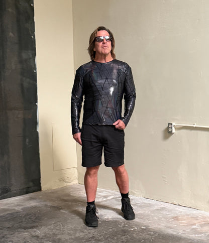 MEN'S LONG SLEEVE TEE - CRACKED HOLOGRAM FABRIC - BLUE/BLACK Shrine of Hollywood shirt club cyber hologram industrial long sleeve Men's T-Shirts rave underground