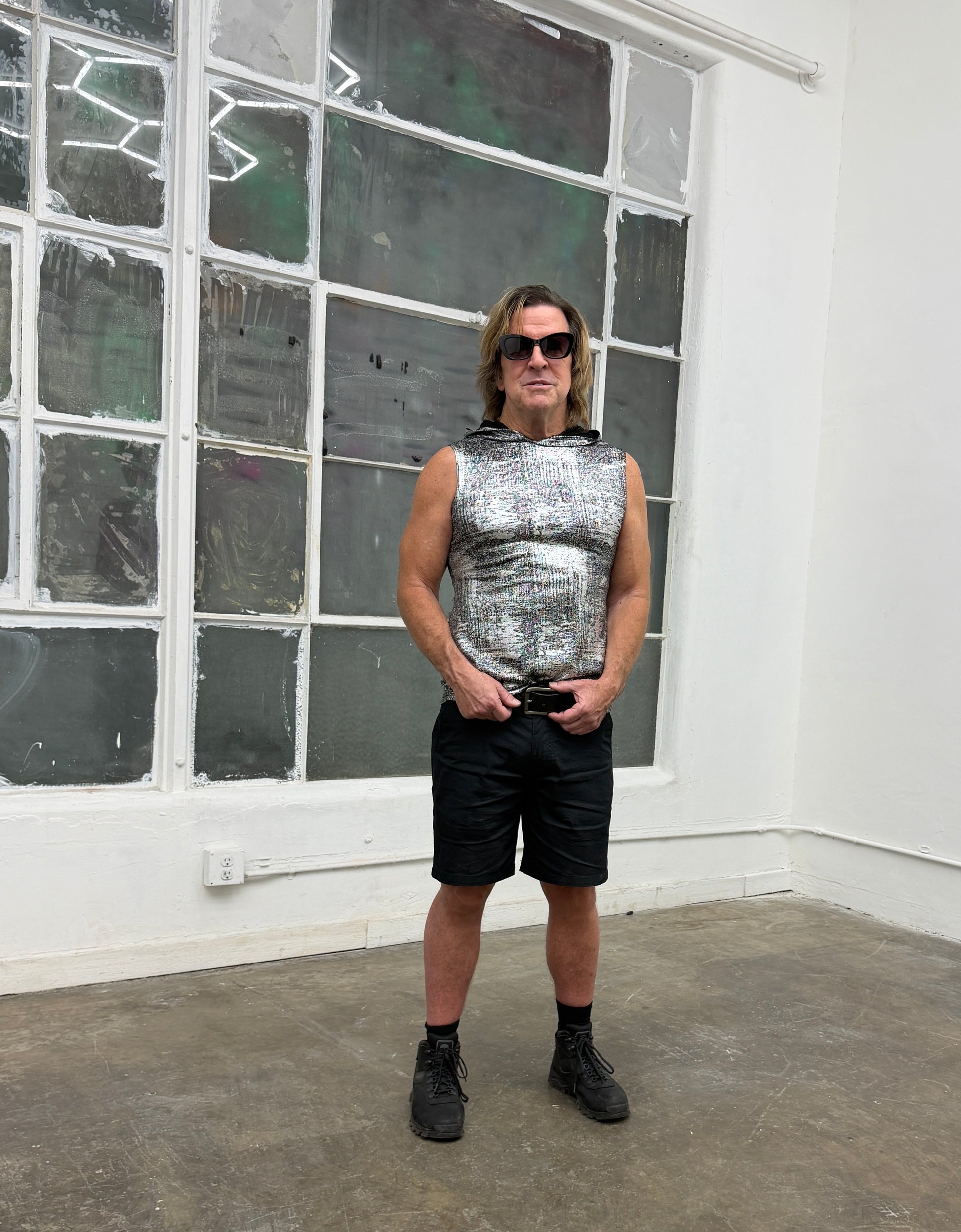 MEN'S HOODIE T - METALLIC SILVER Shrine of Hollywood shirt burning man cyber future hoodie Men's T-Shirts silver sleeveless