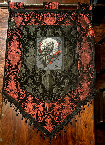 LARGE MEDIEVAL TAPESTRY WALL HANGNG - THE RAVEN - RED/BLACK