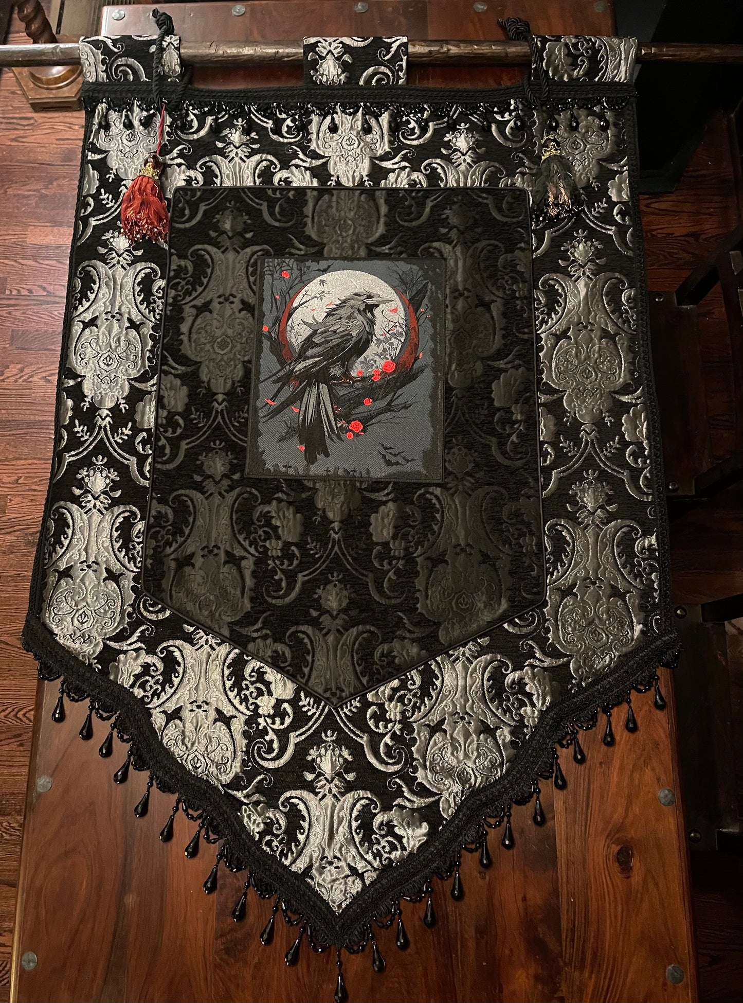 LARGE MEDIEVAL TAPESTRY WALL HANGING - THE RAVEN - SILVER/BLACK