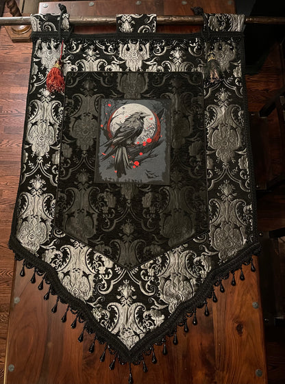 LARGE MEDIEVAL TAPESTRY WALL HANGING - THE RAVEN - SILVER/BLACK