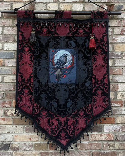 LARGE MEDIEVAL TAPESTRY WALL HANGNG - THE RAVEN - RED/BLACK