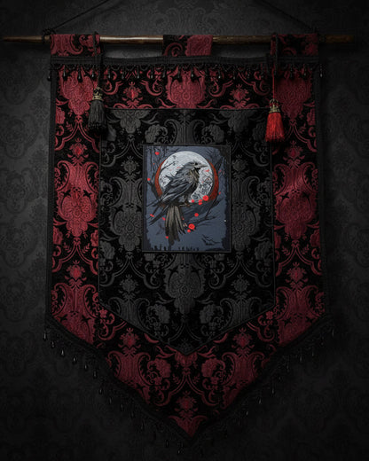 LARGE MEDIEVAL TAPESTRY WALL HANGNG - THE RAVEN - RED/BLACK