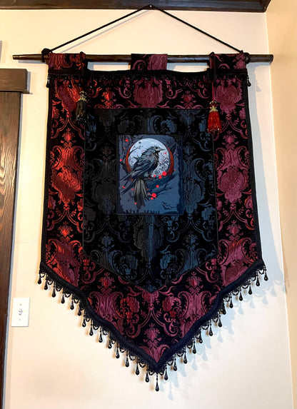 LARGE MEDIEVAL TAPESTRY WALL HANGNG - THE RAVEN - RED/BLACK