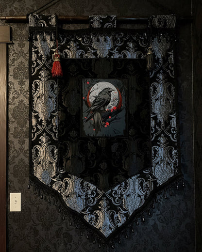 LARGE MEDIEVAL TAPESTRY WALL HANGING - THE RAVEN - SILVER/BLACK
