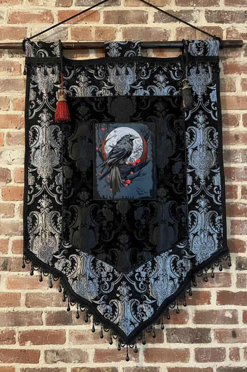 LARGE MEDIEVAL TAPESTRY WALL HANGING - THE RAVEN - SILVER/BLACK
