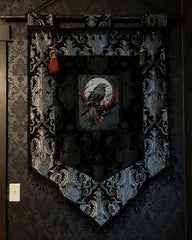 LARGE MEDIEVAL TAPESTRY WALL HANGING - THE RAVEN - SILVER/BLACK