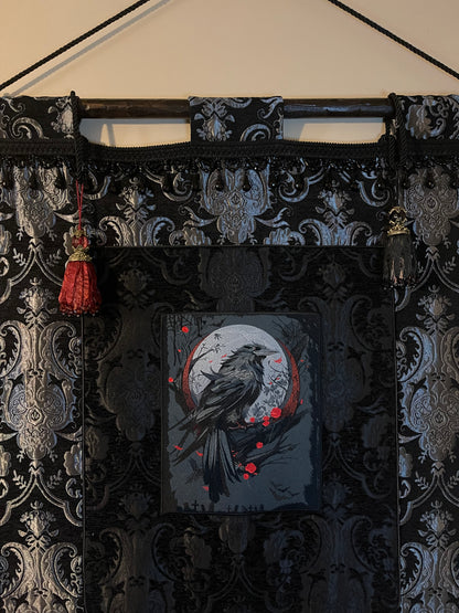 LARGE MEDIEVAL TAPESTRY WALL HANGING - THE RAVEN - SILVER/BLACK