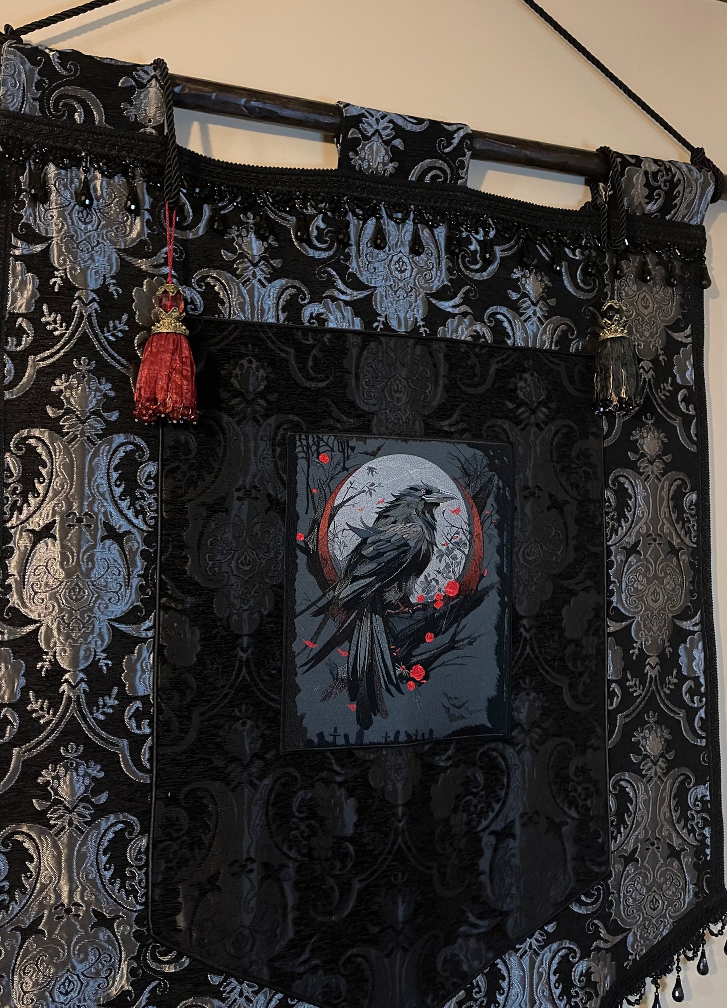 LARGE MEDIEVAL TAPESTRY WALL HANGING - THE RAVEN - SILVER/BLACK