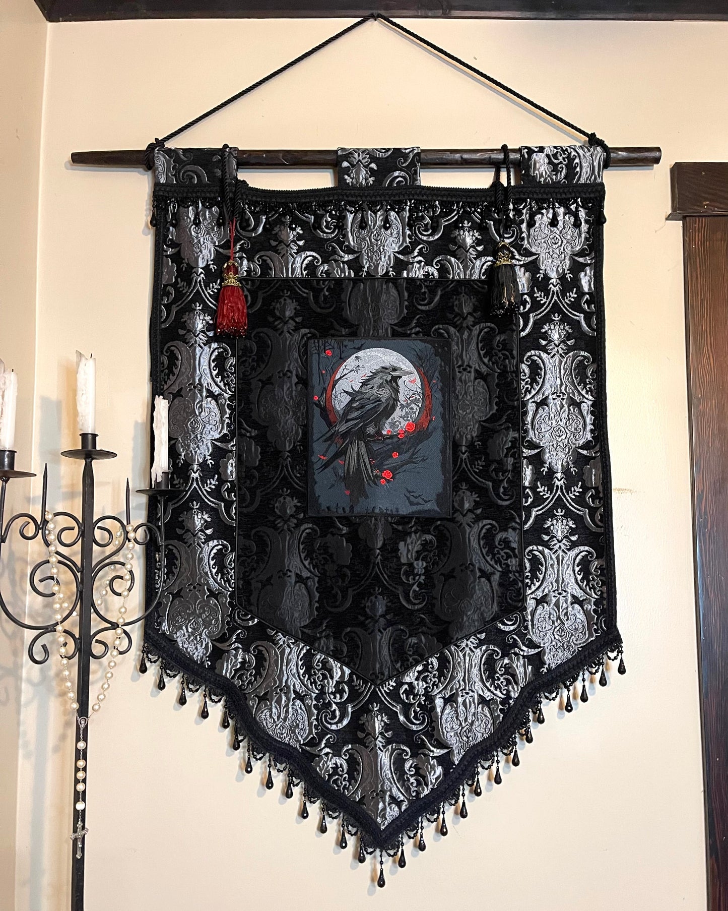LARGE MEDIEVAL TAPESTRY WALL HANGING - THE RAVEN - SILVER/BLACK Shrine of Hollywood art gothic gothic home decor medieval pirate home decor Wall Art