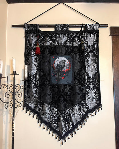 LARGE MEDIEVAL TAPESTRY WALL HANGING - THE RAVEN - SILVER/BLACK Shrine of Hollywood art gothic gothic home decor medieval pirate home decor Wall Art