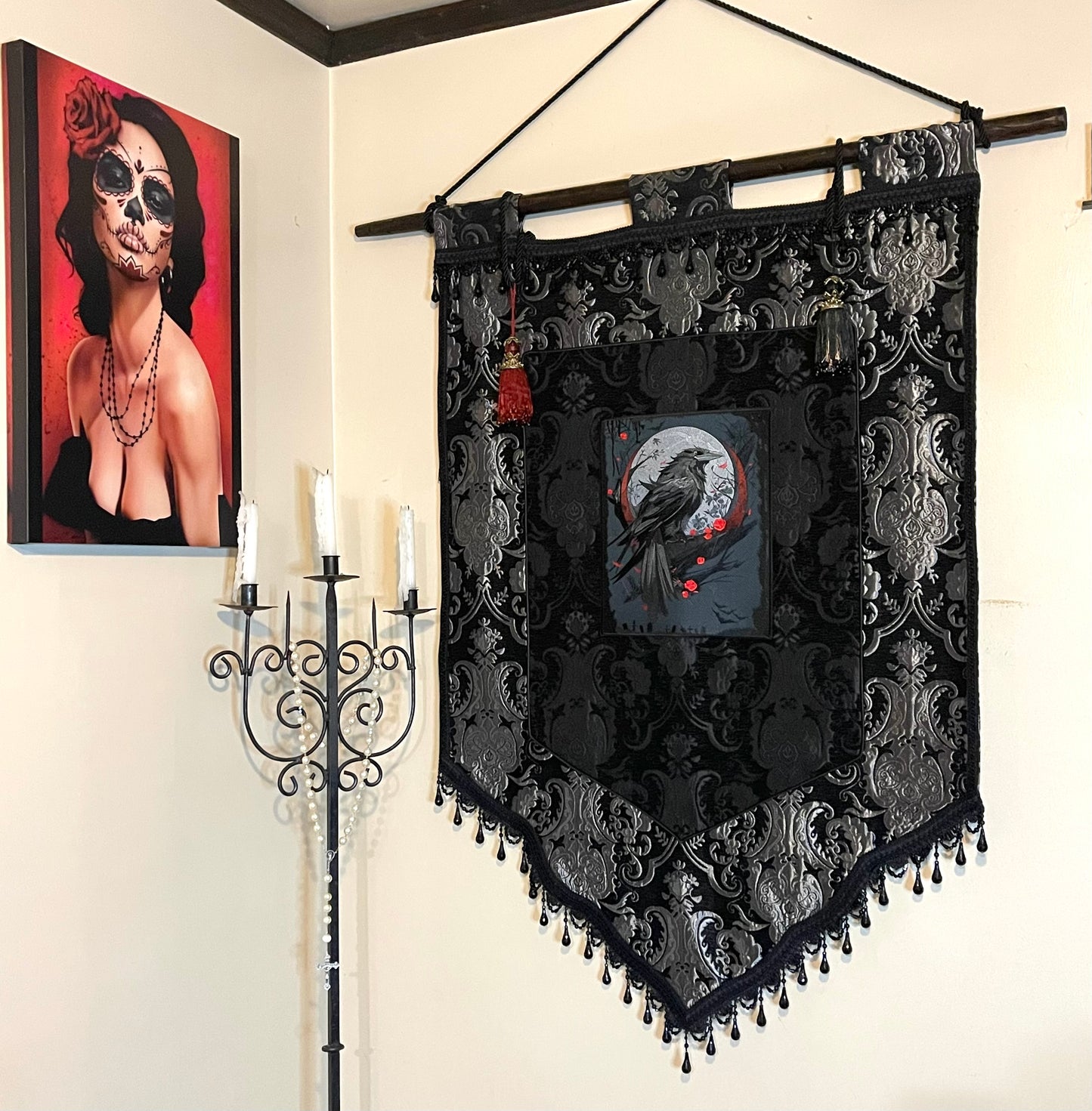 LARGE MEDIEVAL TAPESTRY WALL HANGING - THE RAVEN - SILVER/BLACK Shrine of Hollywood art gothic gothic home decor medieval pirate home decor Wall Art