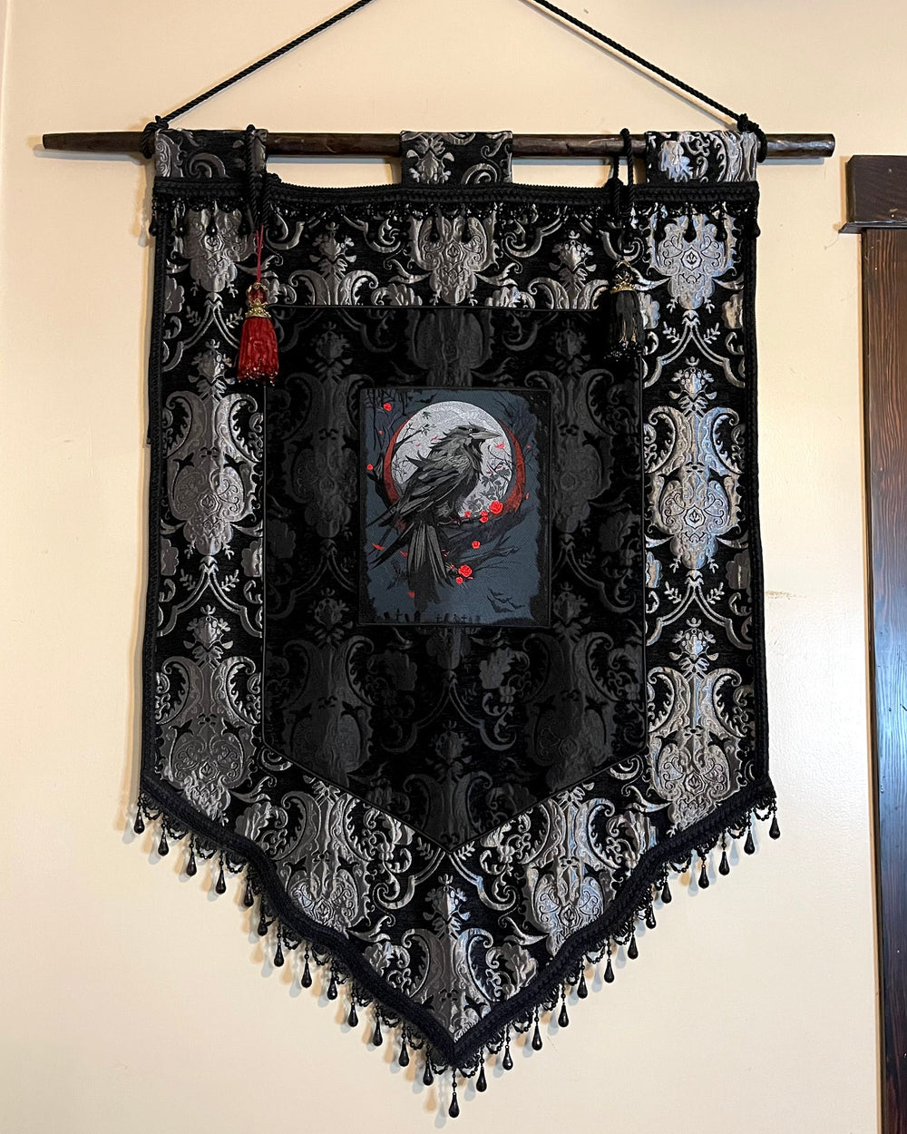 LARGE MEDIEVAL TAPESTRY WALL HANGING - THE RAVEN - SILVER/BLACK