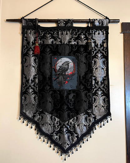 LARGE MEDIEVAL TAPESTRY WALL HANGING - THE RAVEN - SILVER/BLACK Shrine of Hollywood art gothic gothic home decor medieval pirate home decor Wall Art