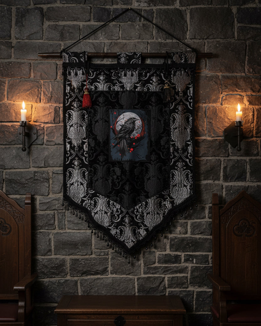 LARGE MEDIEVAL TAPESTRY WALL HANGING - THE RAVEN - SILVER/BLACK Shrine of Hollywood art gothic gothic home decor medieval pirate home decor Wall Art